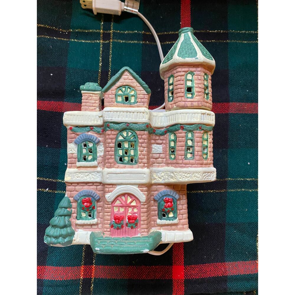 Lighted HOUSE WITH TURRET Bisque China Christmas Village‎ Building